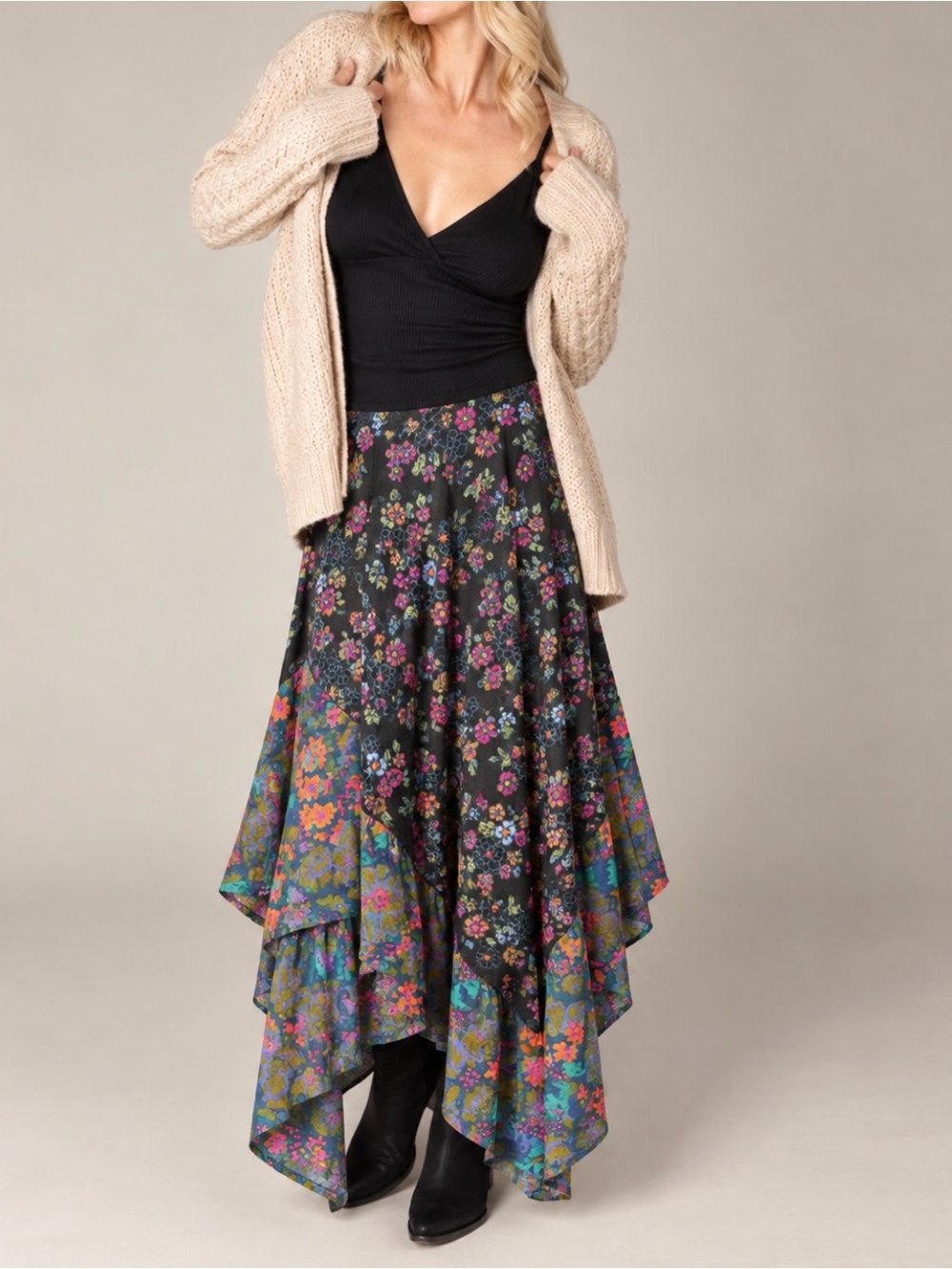 Natural Life NWT XS Boho Floral Maxi Skirt Smocked Handkerchief Asymmetrical Hem